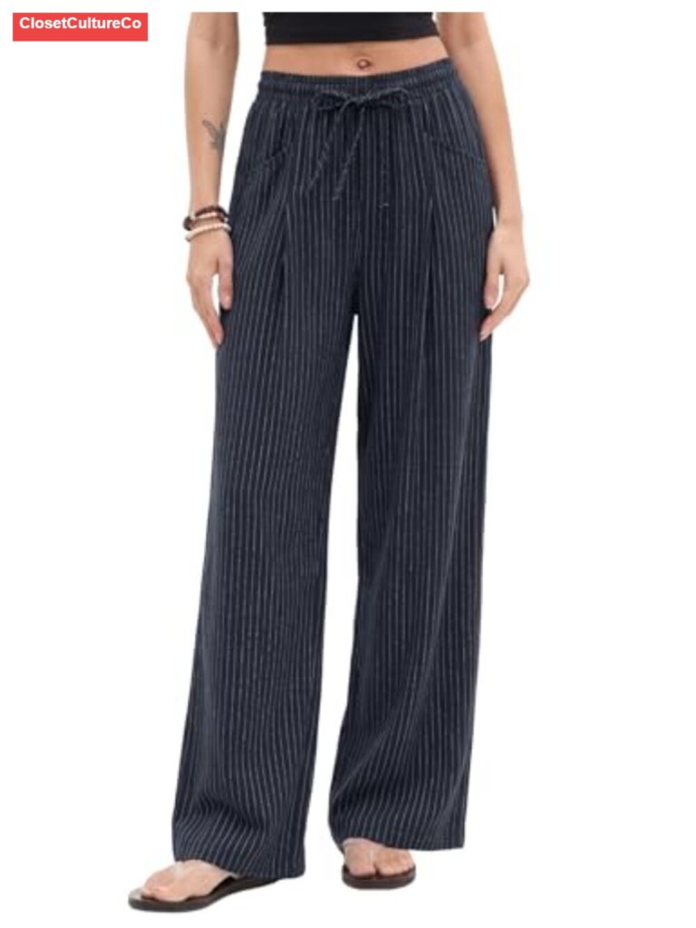 Wide Leg High Waisted Palazzo Pants Drawstring Pockets Pleated Front